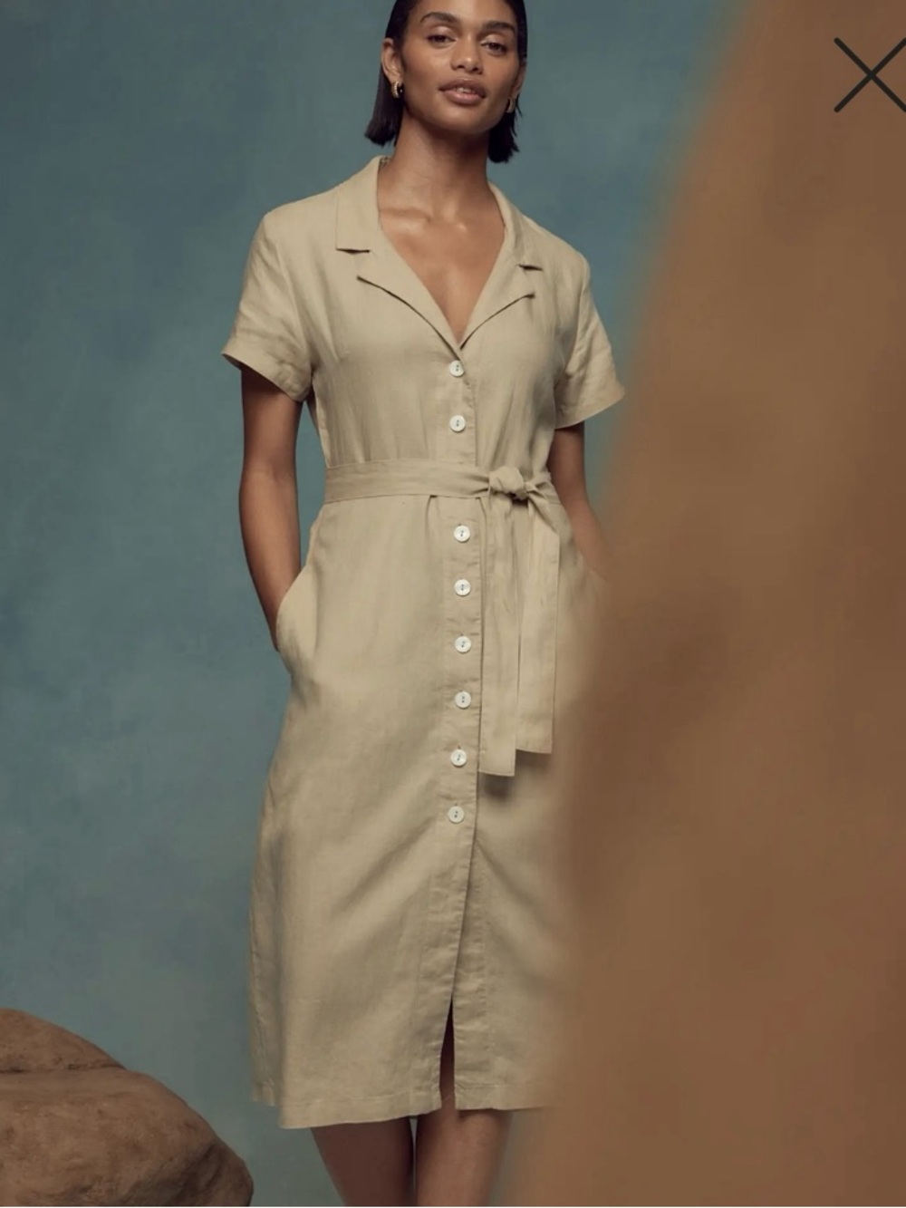 Quince Beige Button-Front Short Sleeve Maxi Dress